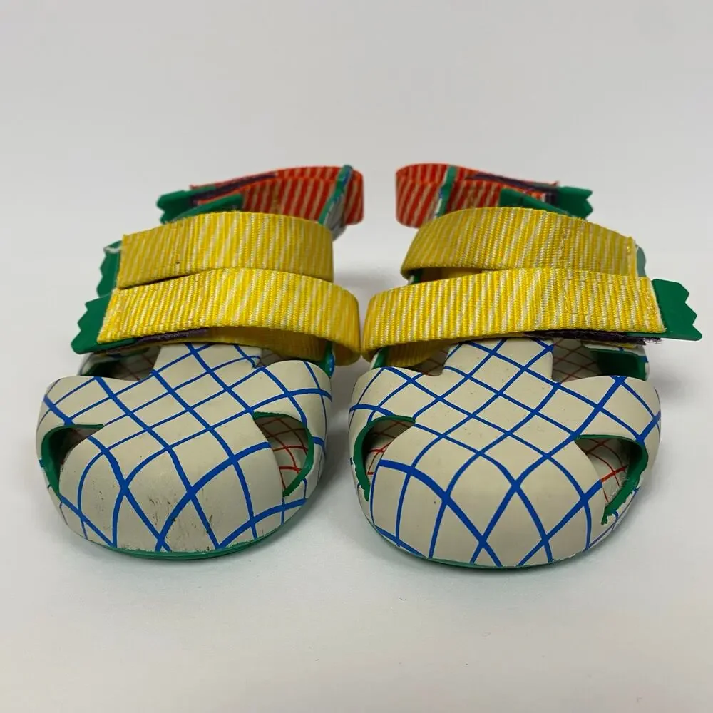 Mini Melissa White Blue Grid Sandals with Yellow, Green & Red Accents